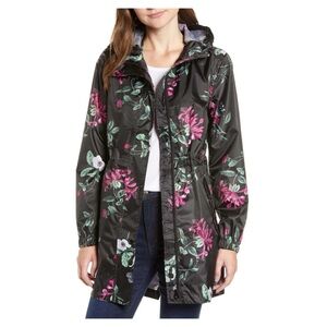 Joules Black Floral Rain Jacket with Pink and Green Accents